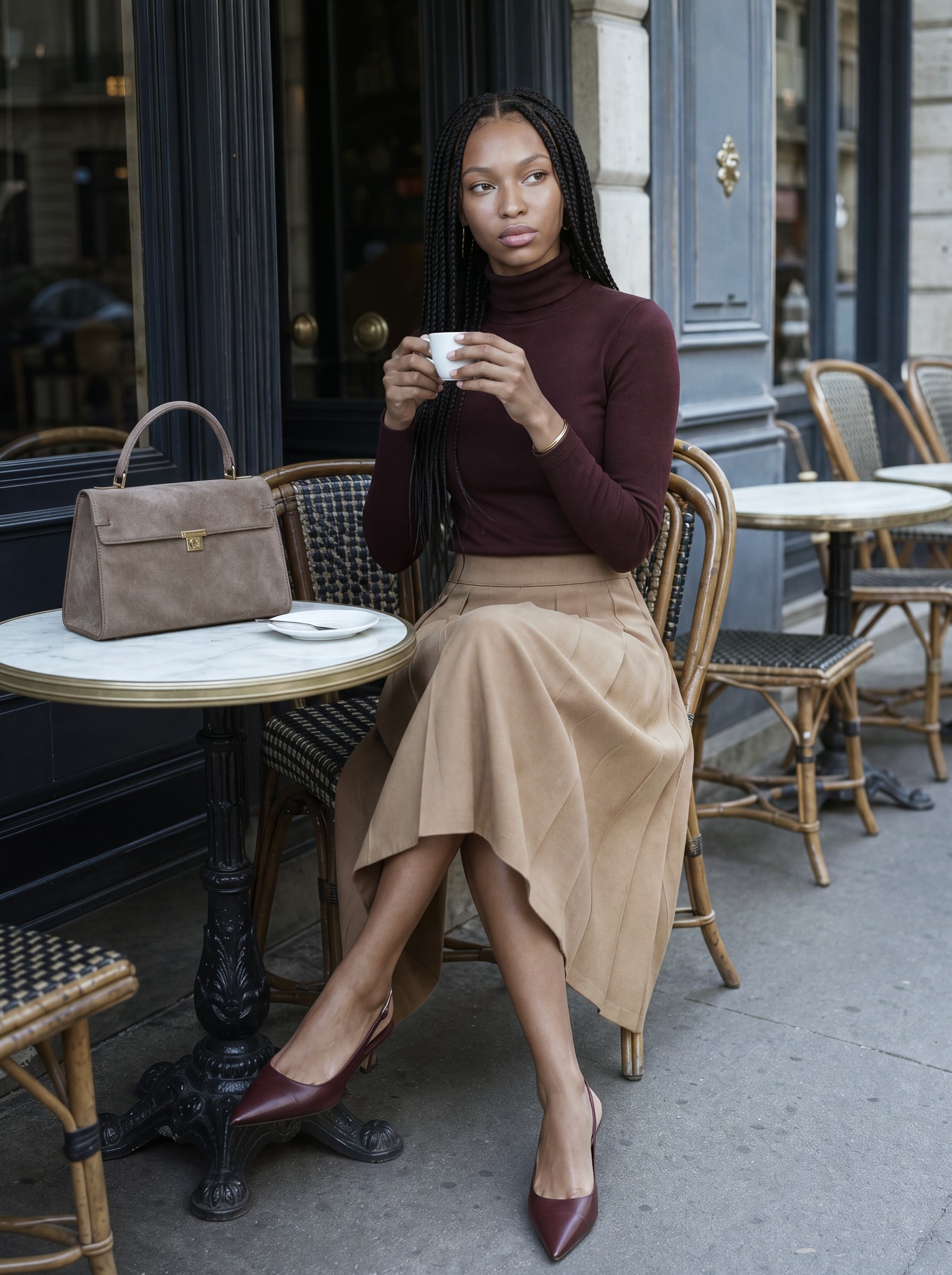 A model in a burgundy turtleneck and a camel skirt at a Paris café table, holding a coffee cup