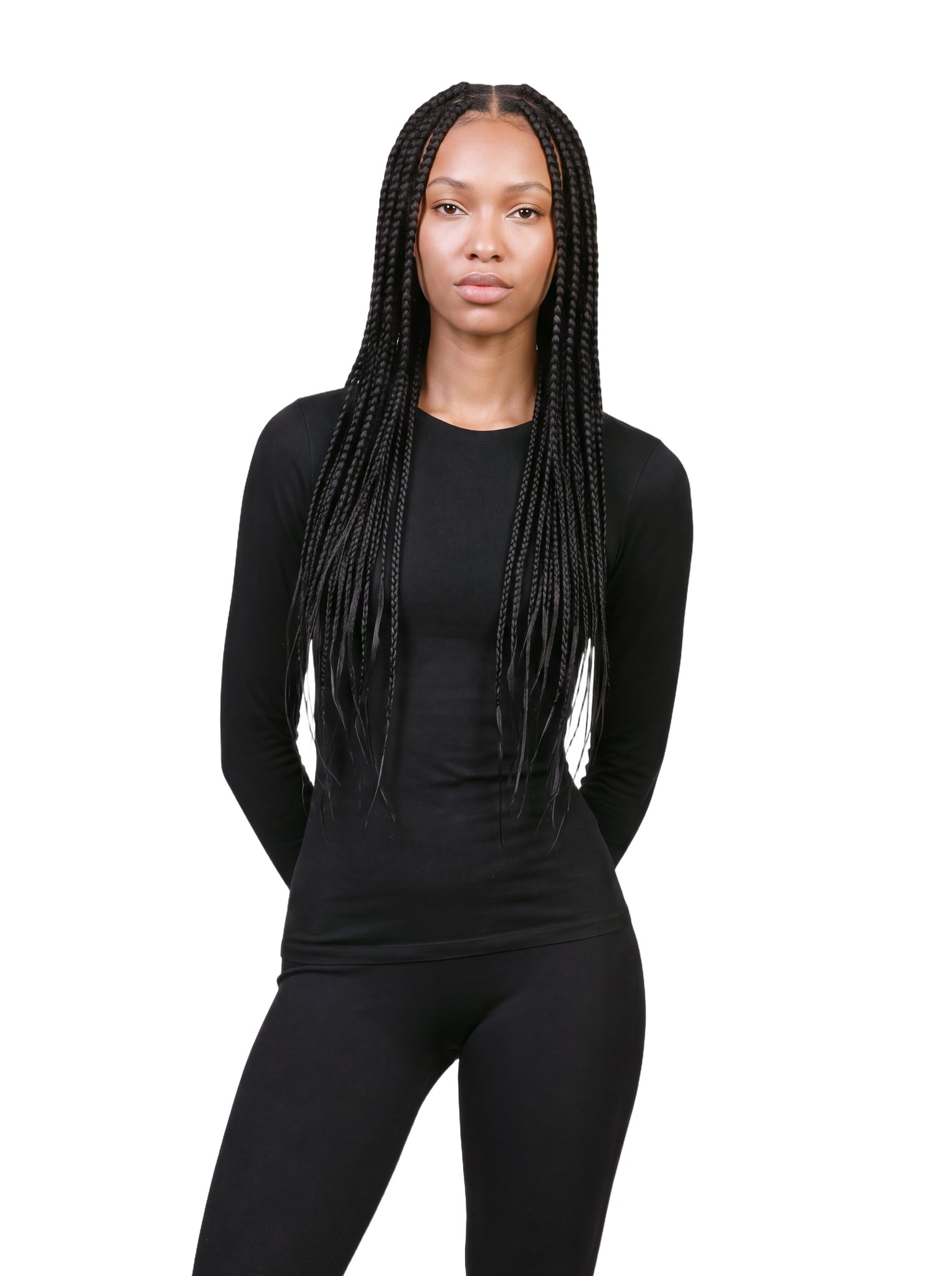 The same model from the waist up, facing the camera
