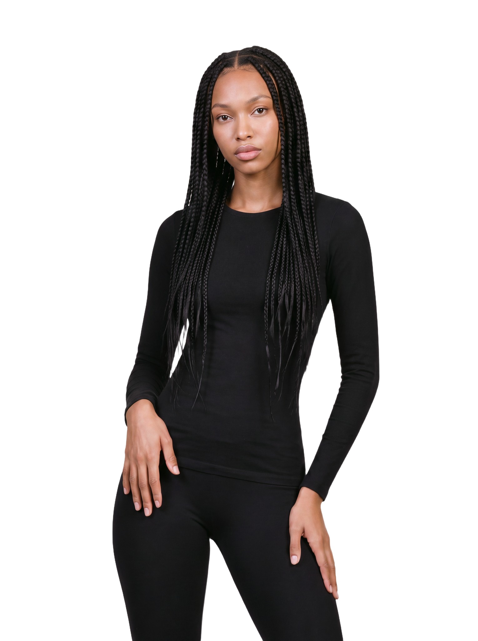 The same model from the waist up, turned three-quarters to the camera